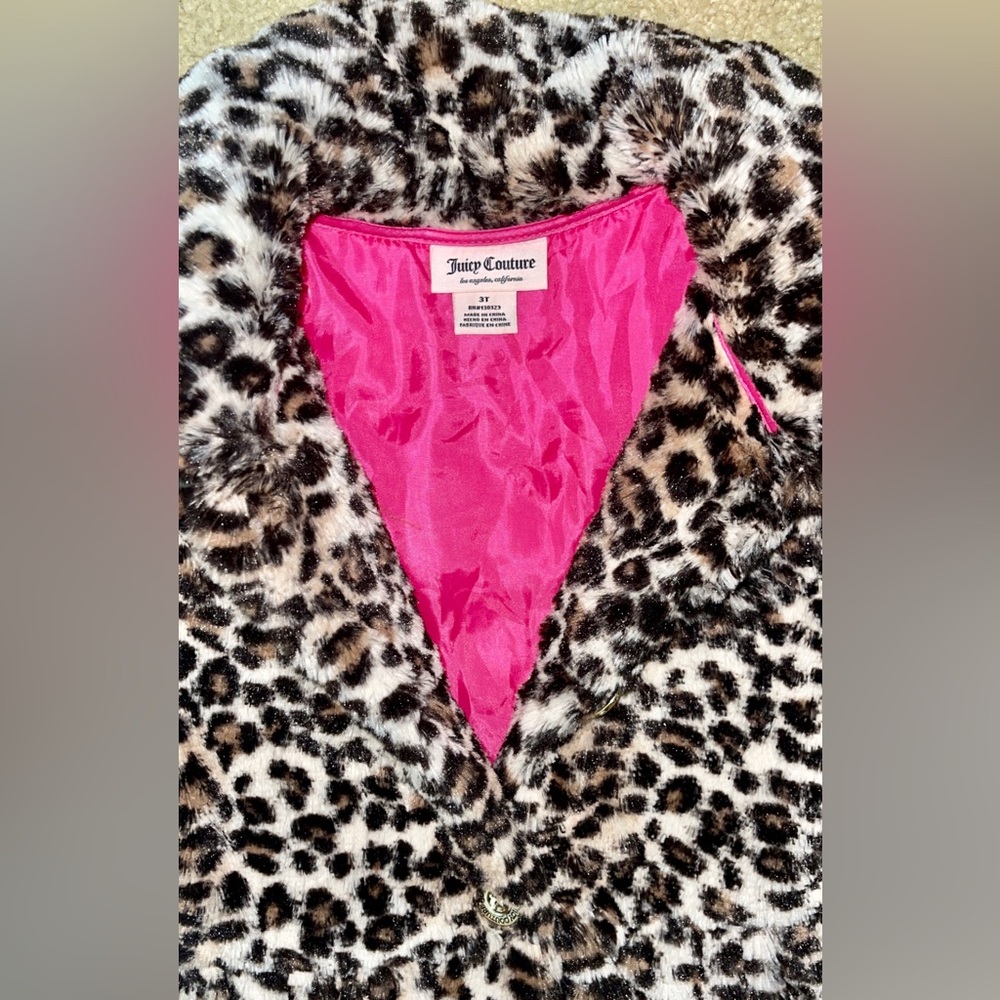 Juicy Couture girls coat, faux fur leopard print with pink lining, 3 T - Picture 3 of 5